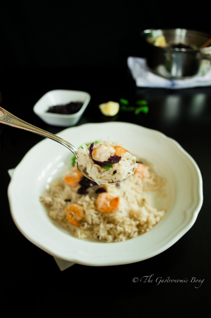 One Pot Coconut Rice with Prawns topped with Caralamized Onion