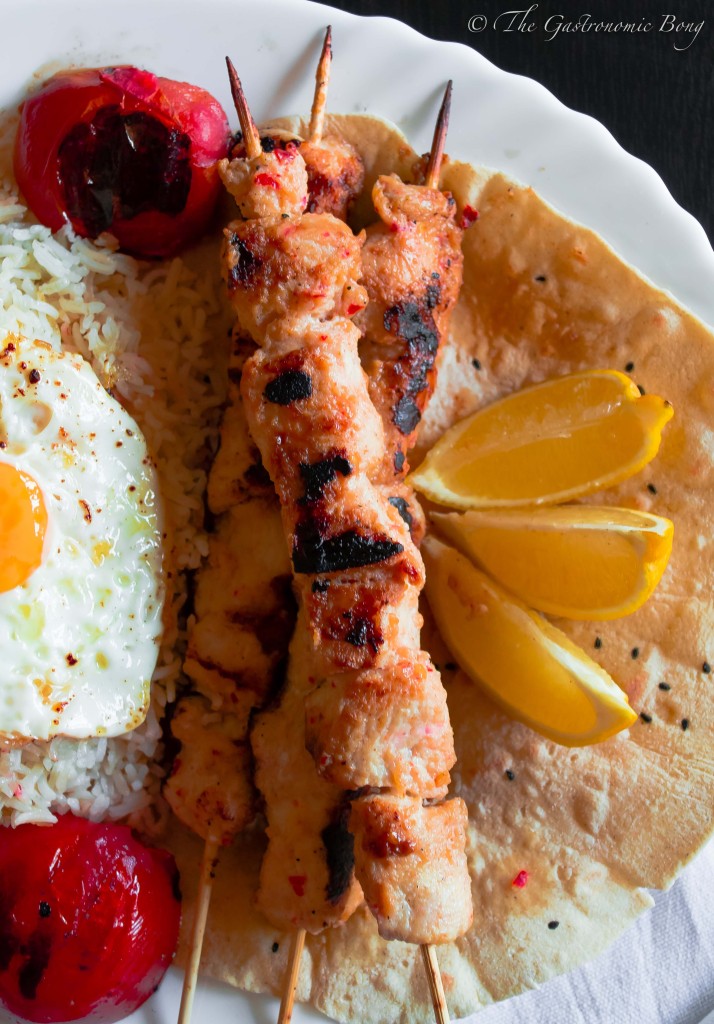 Persian Joojeh {Chicken} Kebab on a bed of Chelo, Fried Egg and Salad Shiraza5