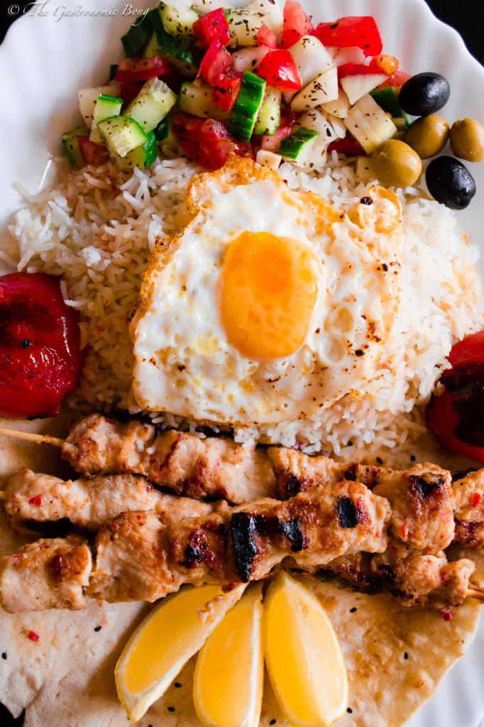 Persian Joojeh {Chicken} Kebab on a bed of Chelo, Fried Egg and Salad Shiraza6